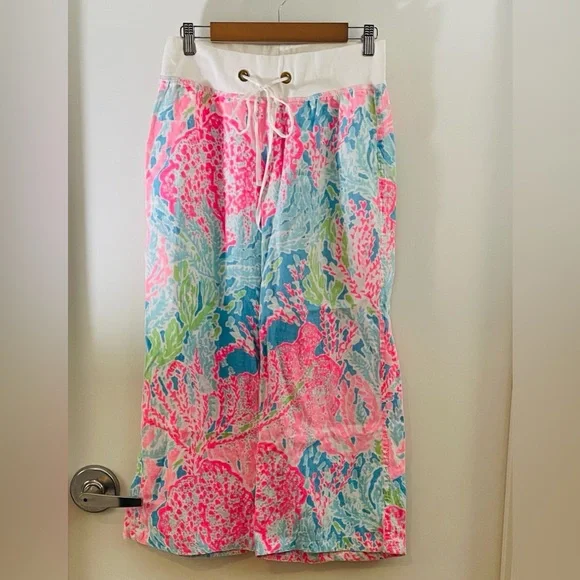 Lilly Pulitzer lets Cha Cha Linen Palazzo beach Pants coral print Small - Picture 2 of 9